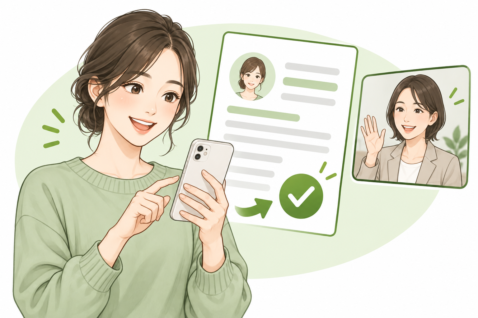 求人に興味を持った人がスマートフォンから応募するイラスト