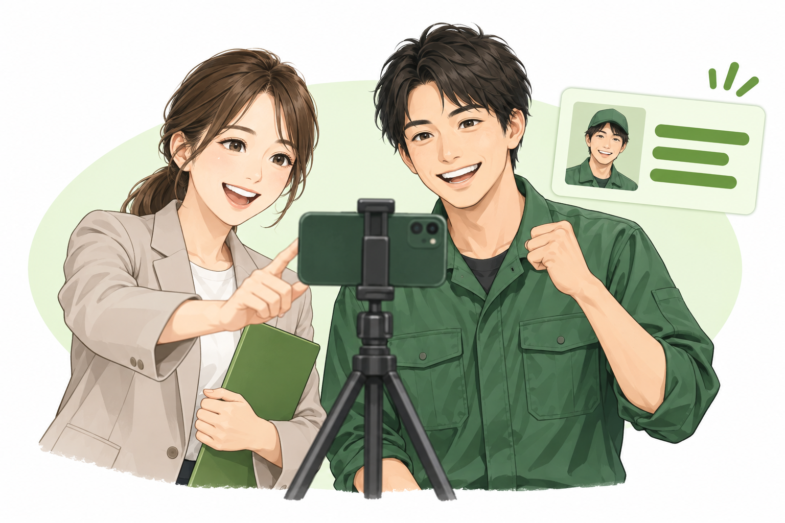 社員の仕事紹介をスマートフォンで撮影し、会社の魅力を発信するイラスト