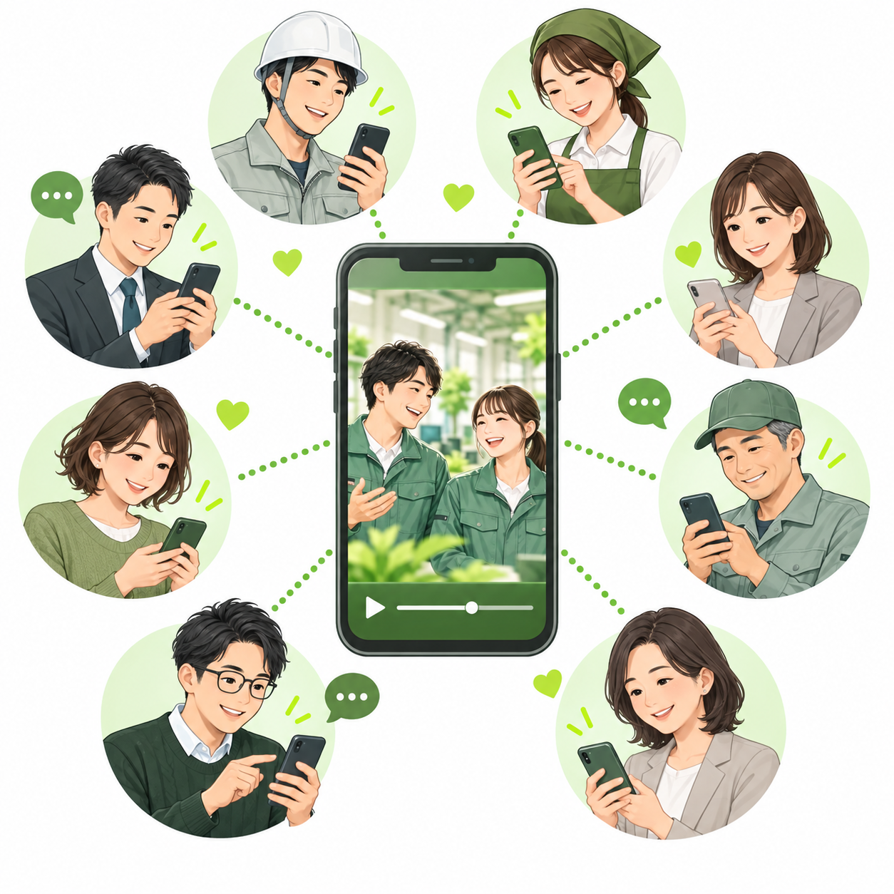 採用動画が映るスマートフォンを中心に、建設・飲食・製造・オフィスワークなどさまざまな仕事の人が集まるイラスト